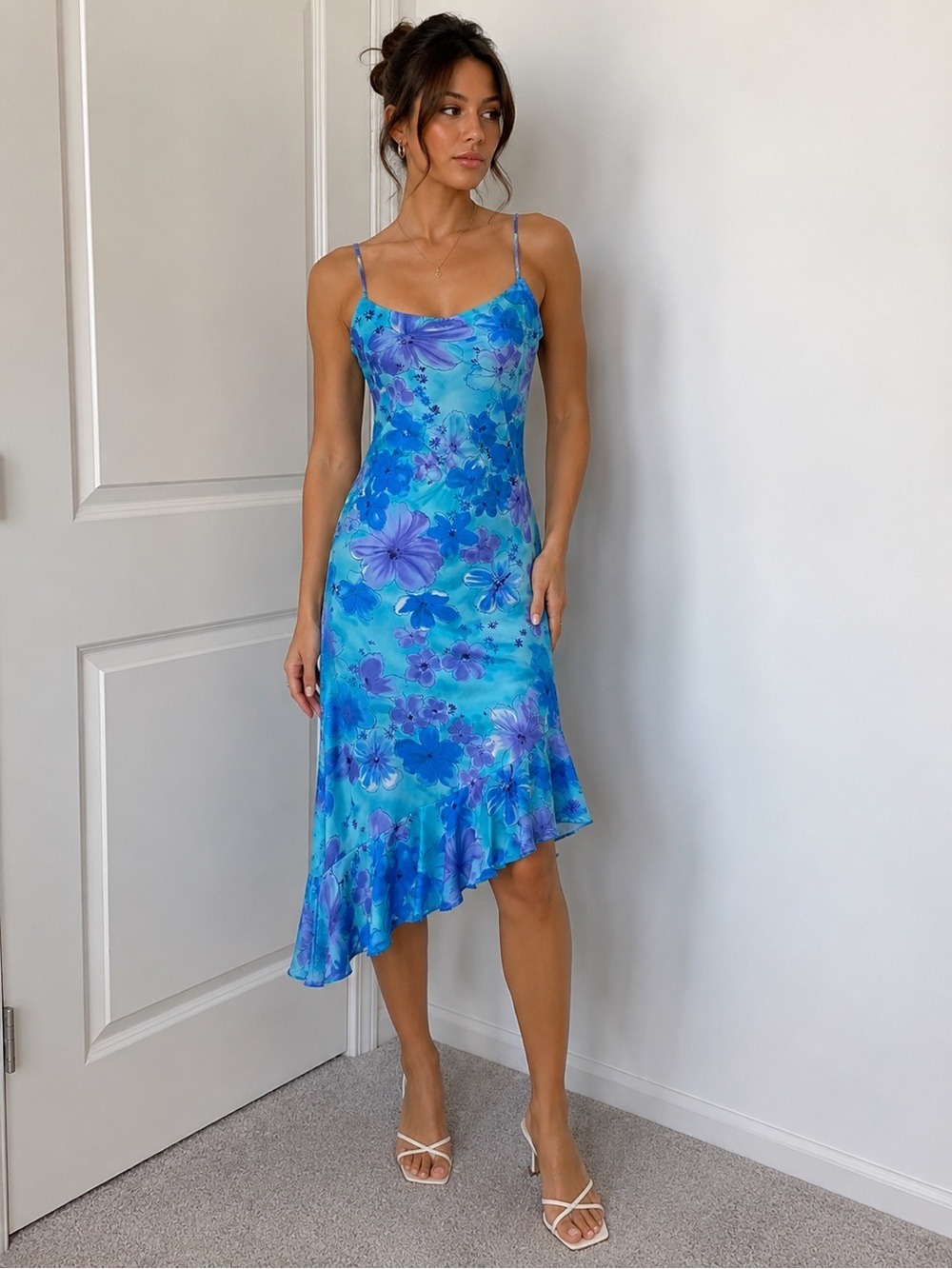 Vintage Y2K Giorgio Fiorlini Blue Floral Slip Dress Size 8